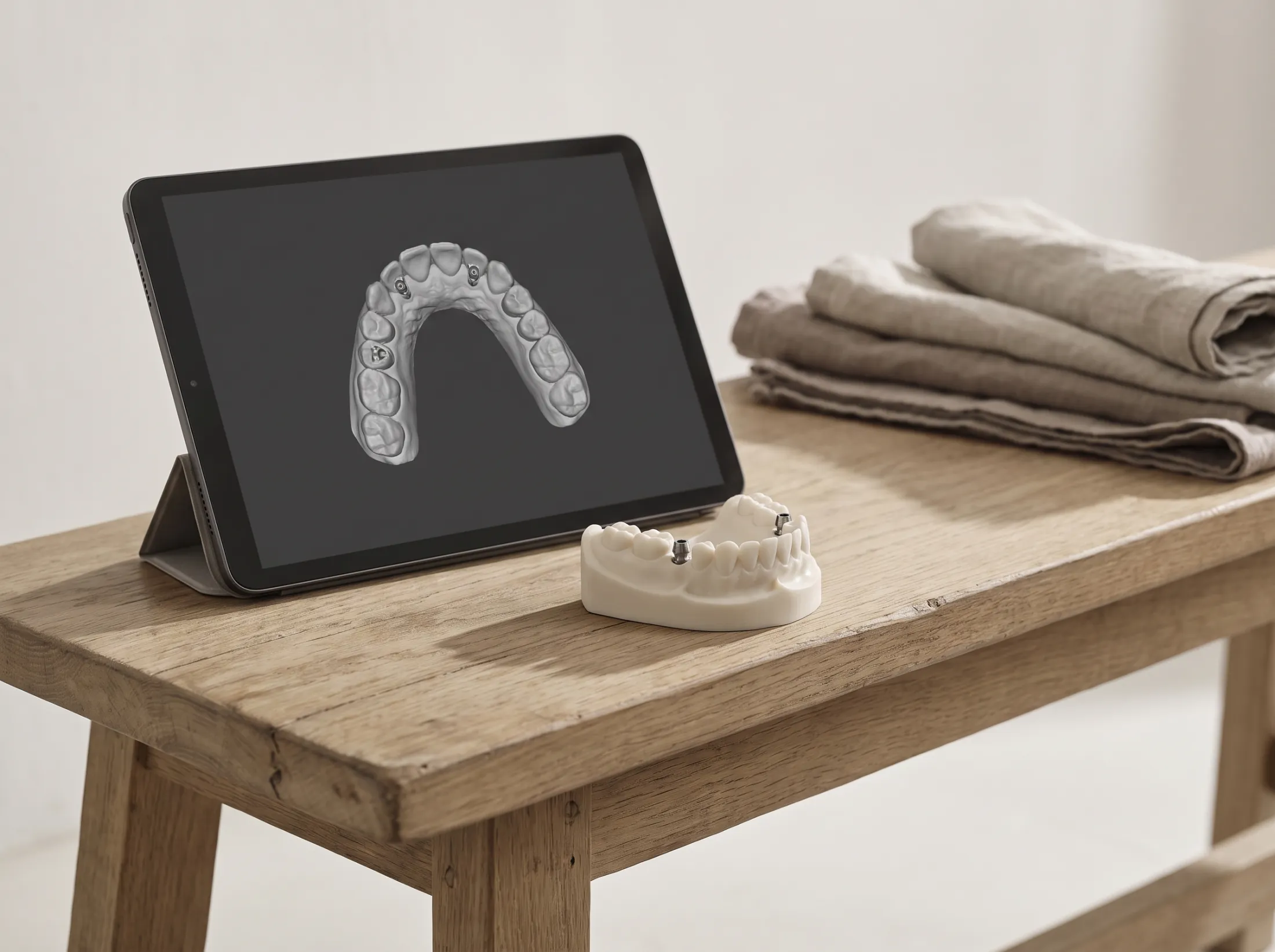 A full-arch implant model beside its digital plan