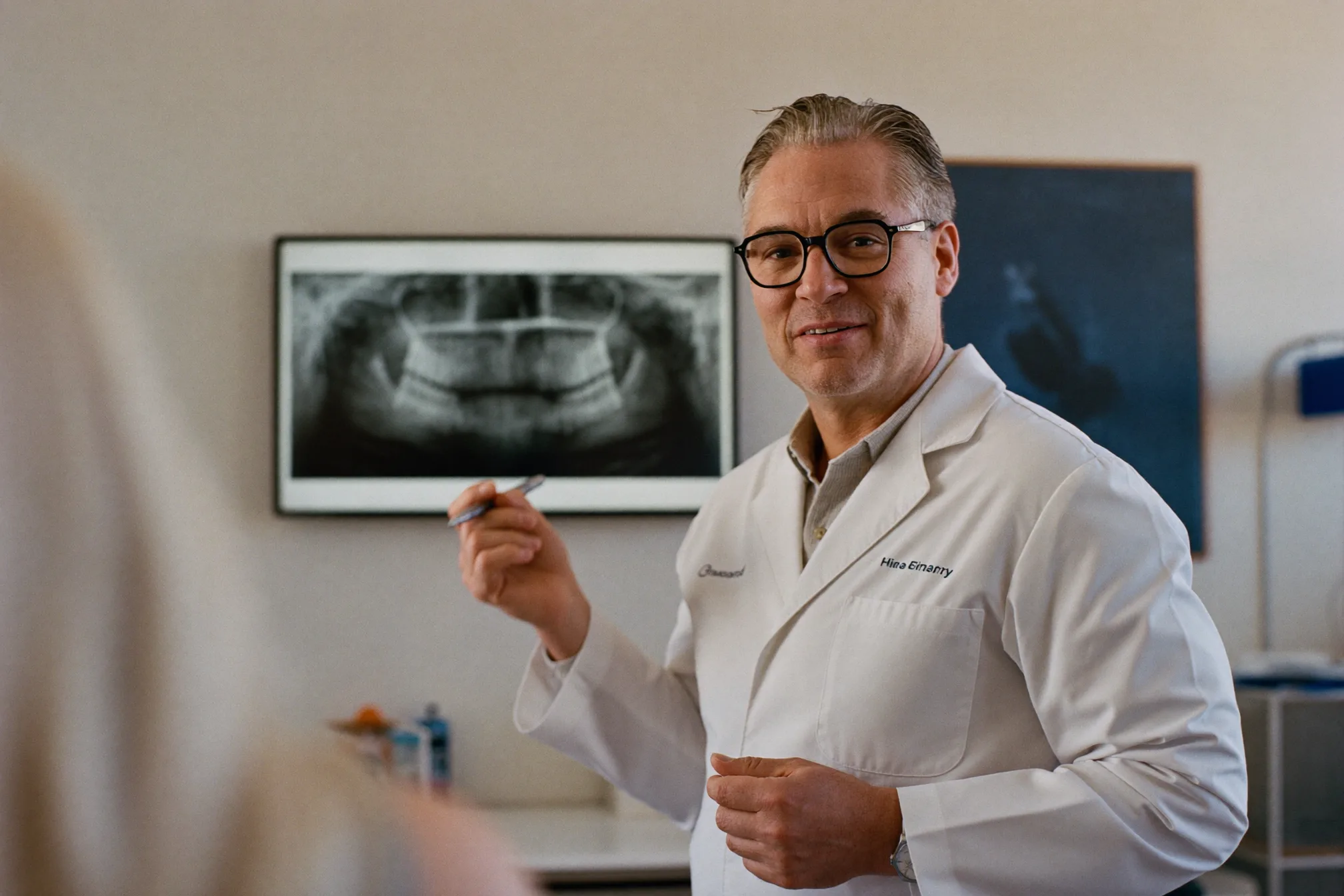 Dentist demonstrating gentle brushing technique to a patient at Good Morning Dental