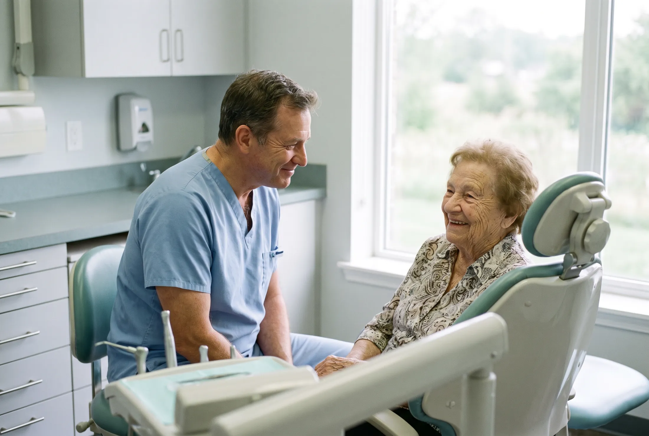 A Mirabel dentist listening to a patient
